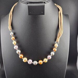 NWT Honora Multi-Color Cultured  Pearl Necklace Tan Cord Adjustable Box & Bag